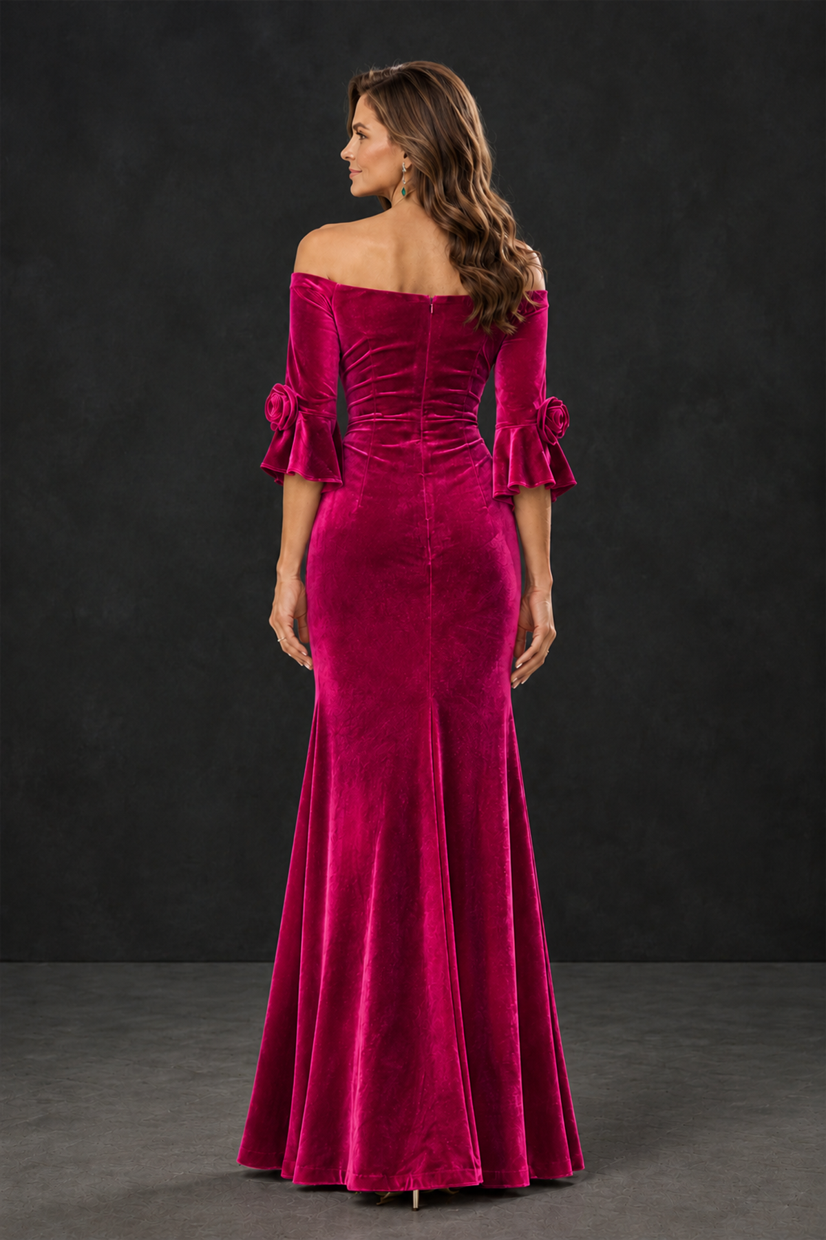 BOLODOO Hot Pink Velvet Mother of the Bride Dress with Rosette Sleeves - Hot Pink - Hot_Pink_2
