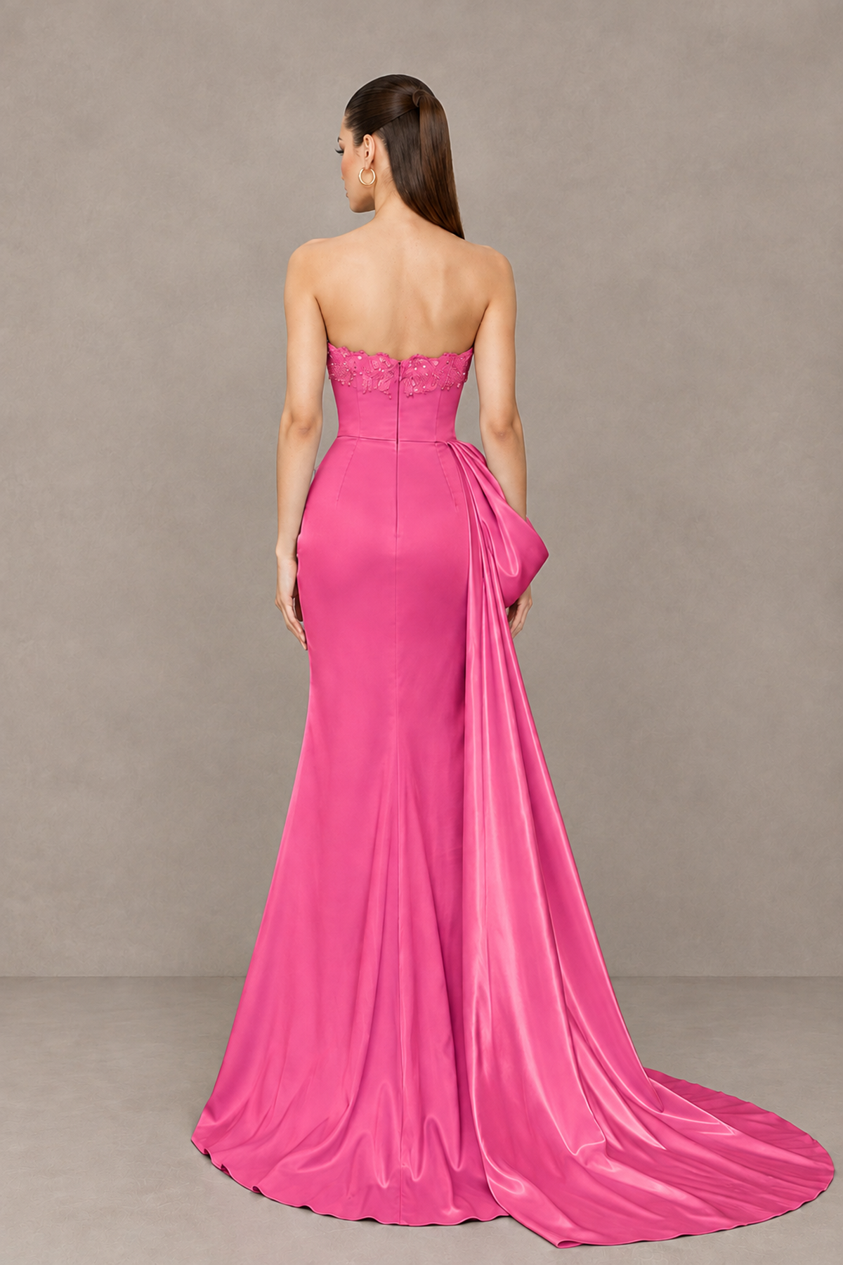 BOLODOO Hot Pink Strapless Satin Prom Dress with Draped Side Train - Hot Pink - Hot_Pink_2