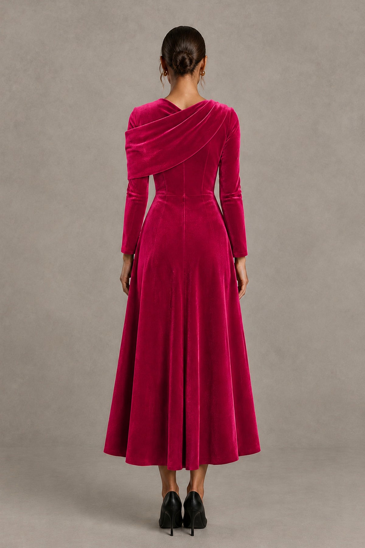 BOLODOO Hot Pink Velvet-Look Long Sleeve Tea-Length A-Line Dress with Draped Neckline - Hot Pink - Hot Pink_2
