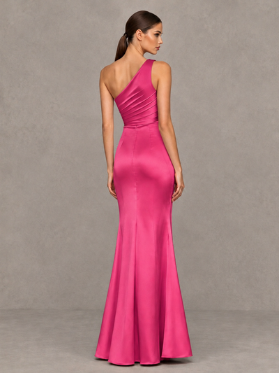 BOLODOO Hot Pink One-Shoulder Ruched Satin-Look Evening Gown with High Slit - Hot Pink - Hot Pink_2