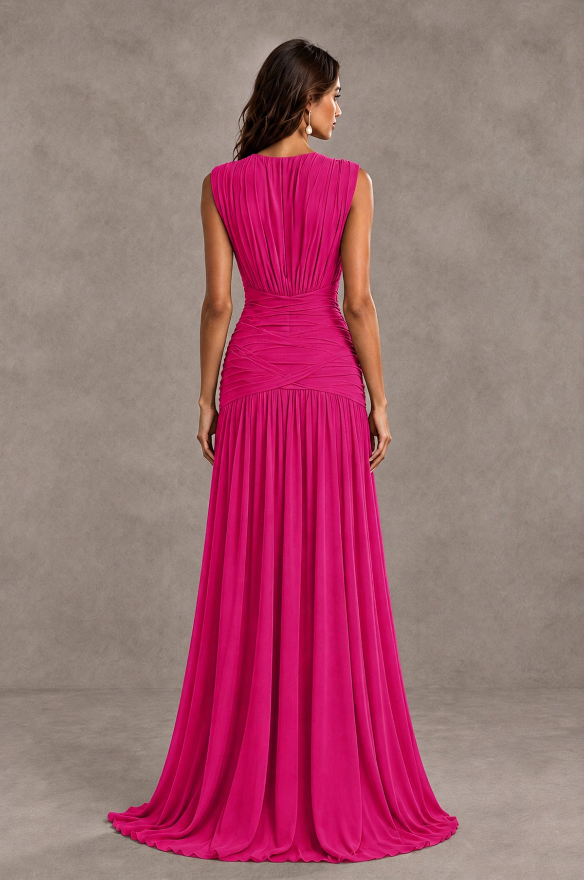 BOLODOO Hot Pink V-Neck Ruched Wedding Guest Dress - Hot Pink - Hot Pink_2