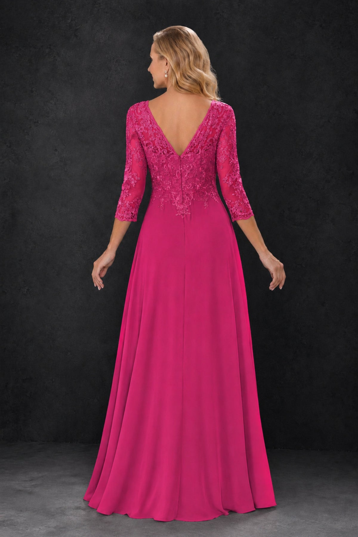 BOLODOO Hot Pink Lace Embroidered Mother of the Bride Dress with 3/4 Sleeves - Hot Pink