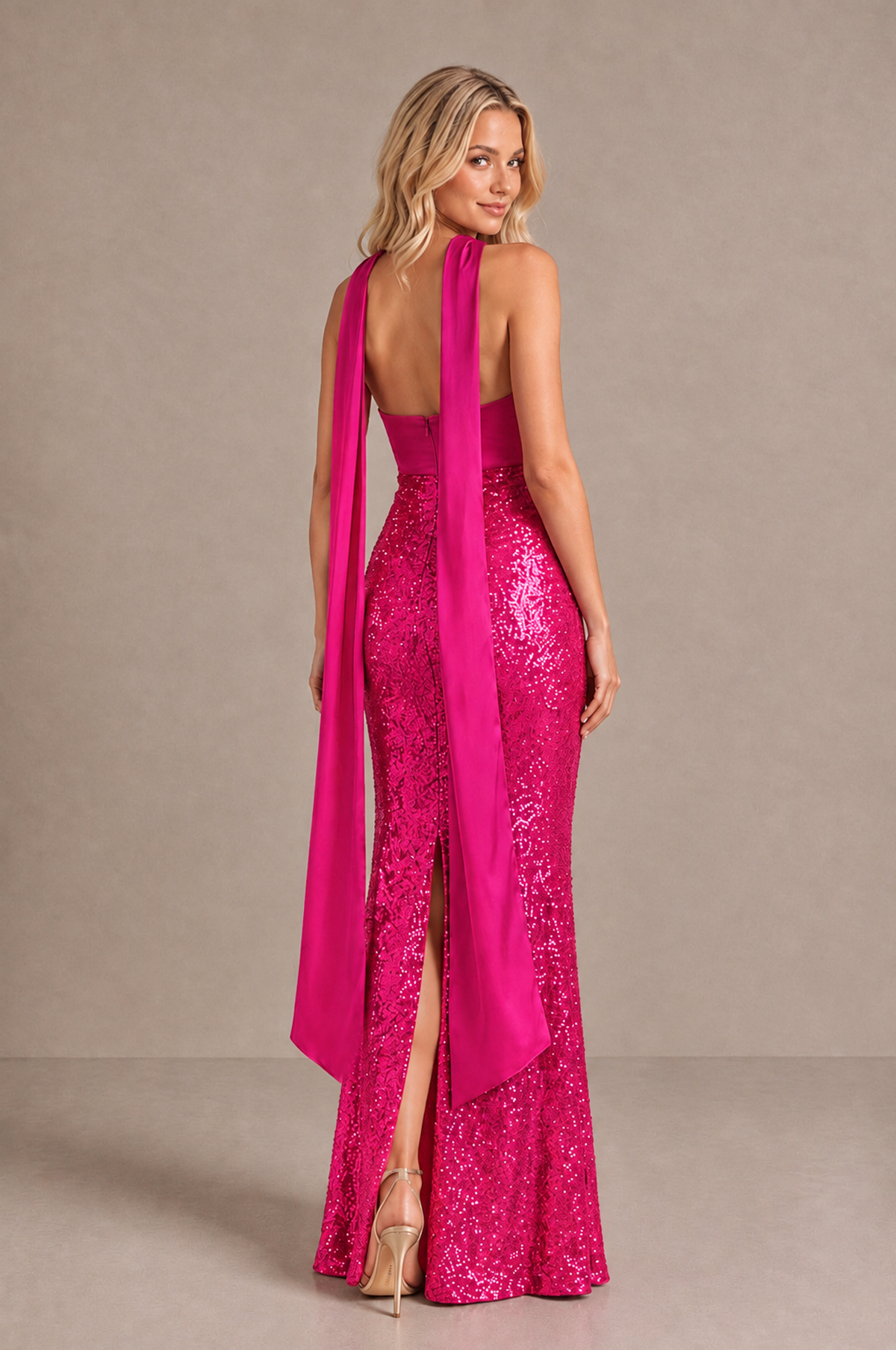 BOLODOO Hot Pink Strapless Sweetheart Evening Dress with Scarf - Hot Pink - Hot_Pink_2