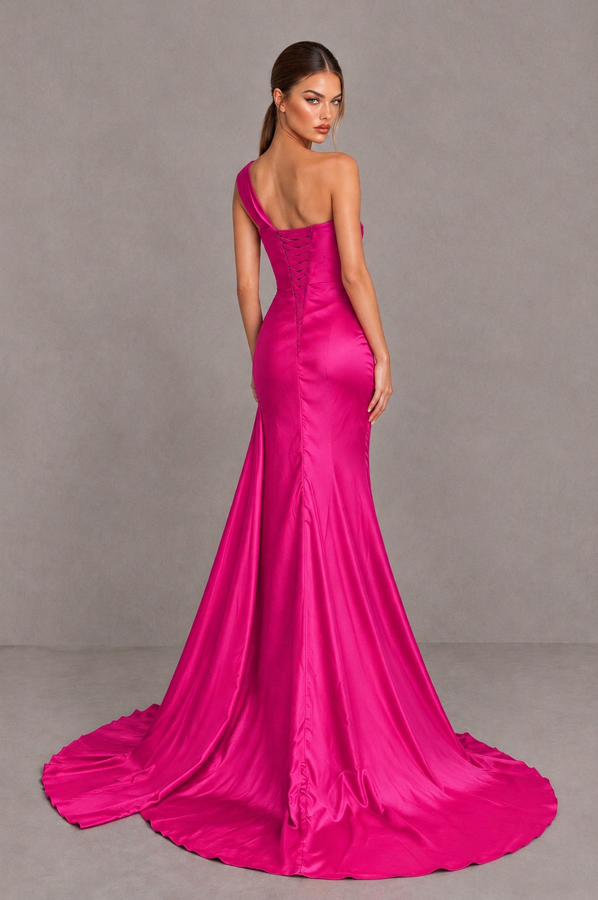 BOLODOO Hot Pink One Shoulder Satin Mermaid Evening Dress with Ruched Slit Skirt - Hot Pink - Hot Pink_2