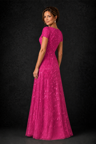 BOLODOO Hot Pink Leaf Embroidered A-Line Formal Gown with Cap Sleeves - Hot Pink - Hot_Pink_2