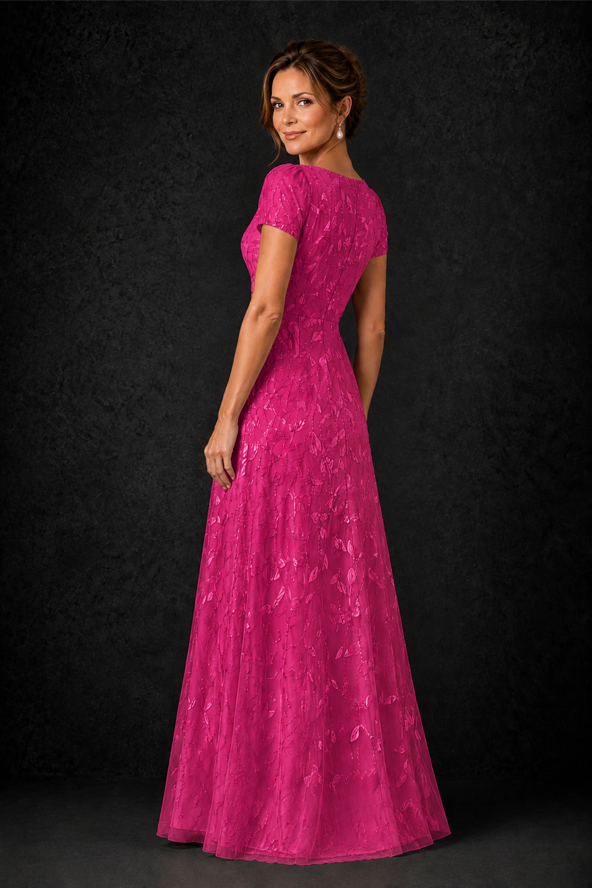 BOLODOO Hot Pink Leaf Embroidered A-Line Formal Gown with Cap Sleeves - Hot Pink - Hot_Pink_2