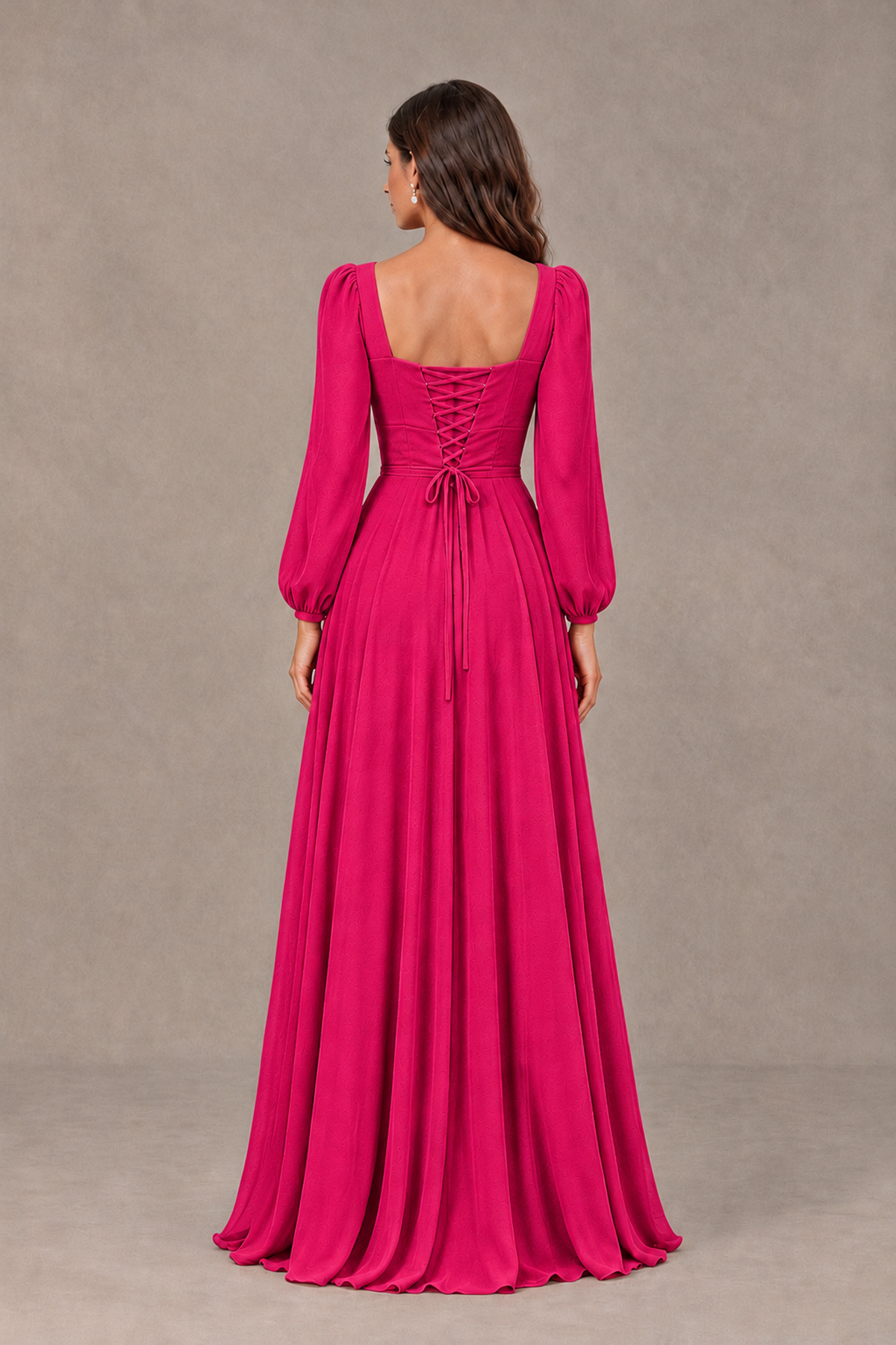BOLODOO Hot Pink Square Neck Long Sleeve A-Line Bridesmaid Dress - Hot Pink - Hot Pink_2
