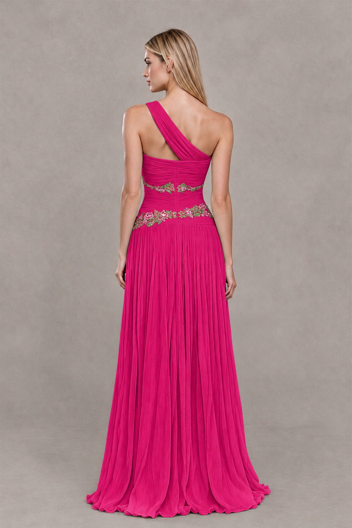 BOLODOO Hot Pink One-Shoulder Floral Applique A-Line Evening Dress - Hot Pink - Hot Pink_2