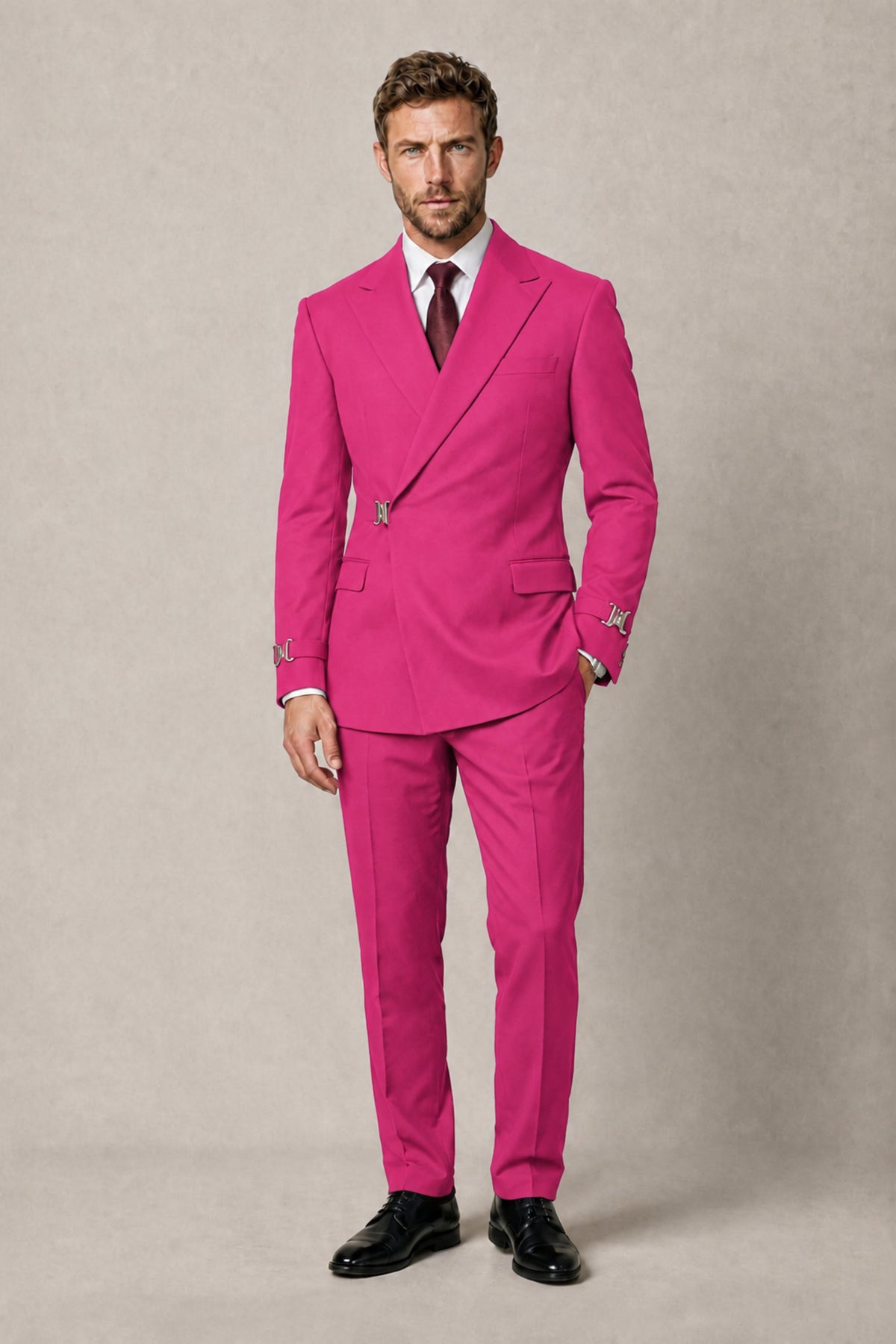 BOLODOO Men's Hot Pink Double-Breasted 2-Piece Suit Set – Blazer & Tailored Trousers - Hot Pink
