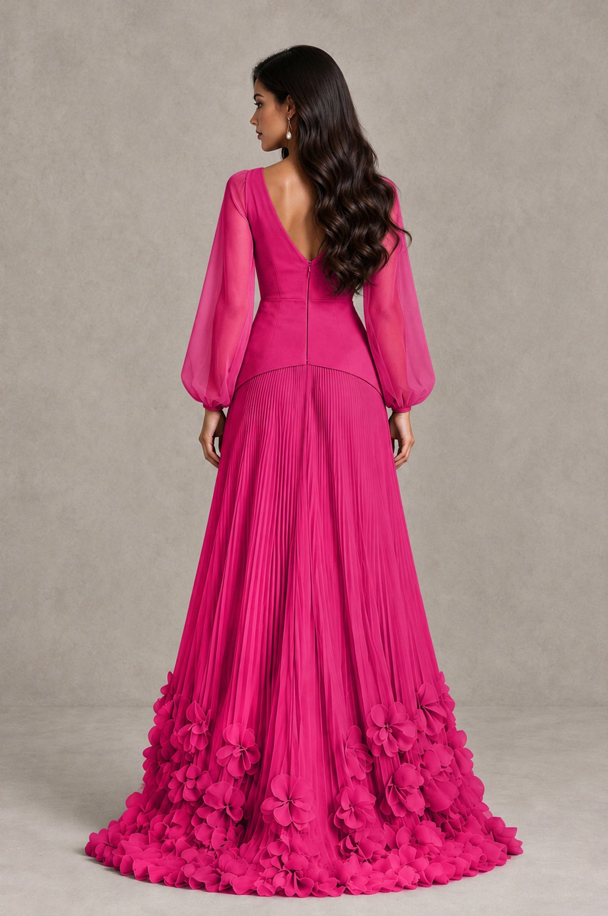 BOLODOO Hot Pink V-Neck Long Sleeve Pleated Floral Hem Evening Dress - Hot Pink - Hot Pink_2