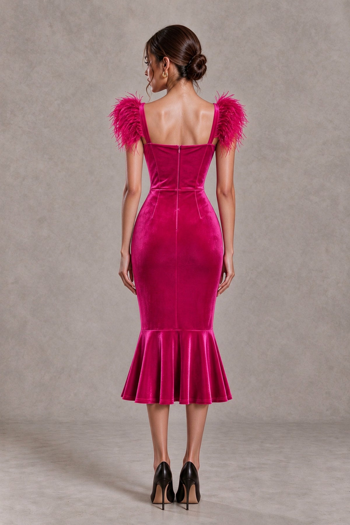 BOLODOO Hot Pink Feather-Trim Velvet-Look Mermaid Midi Dress - Hot Pink - Hot Pink_2