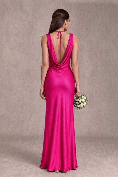 BOLODOO Hot Pink Cowl Neck Open Back Satin Bridesmaid Dress - Hot Pink - Hot Pink_2