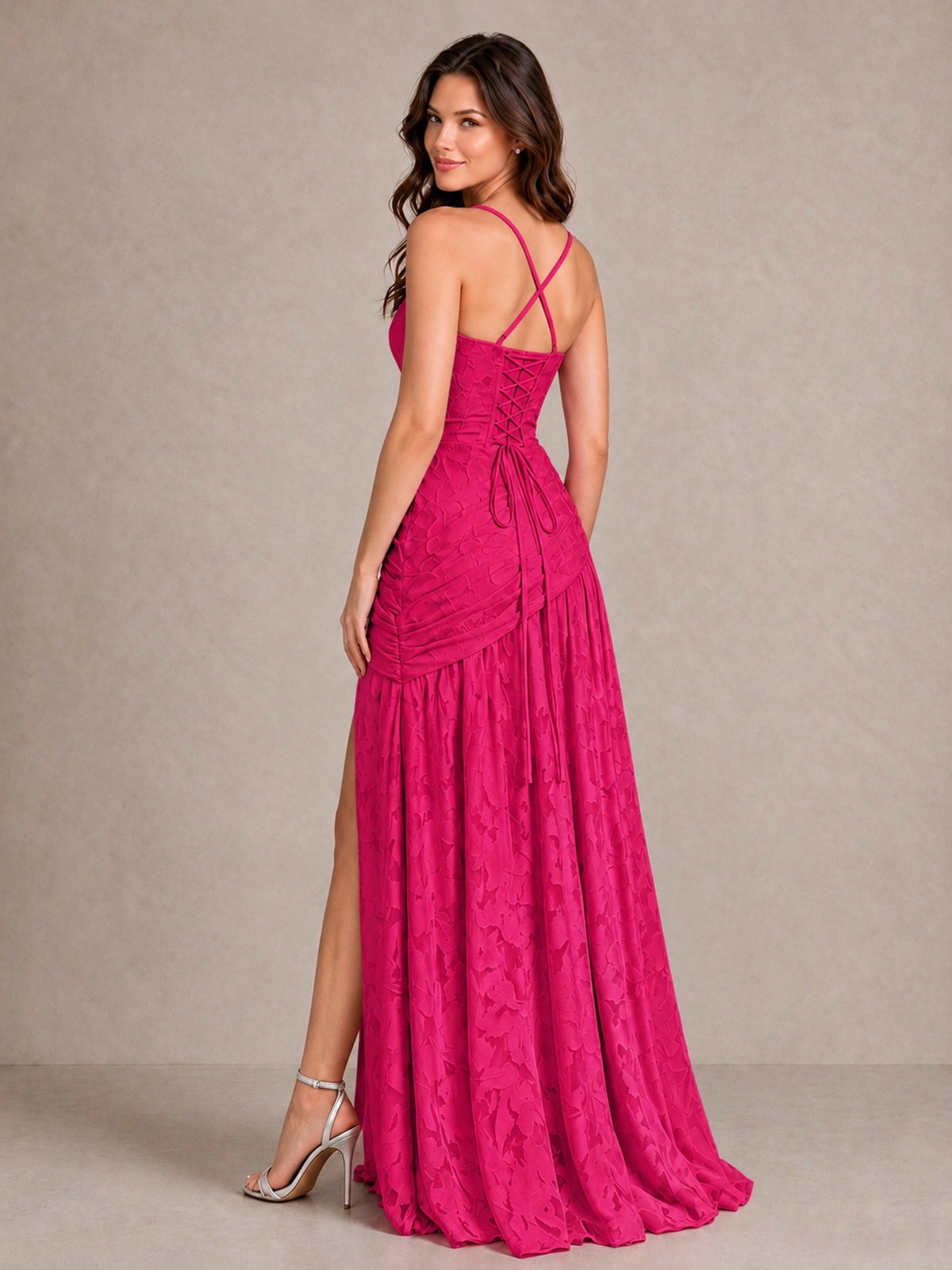 BOLODOO Hot Pink Floral Jacquard Bridesmaid Dress with Square Neck, Lace-Up Back & High Slit - Hot Pink - Hot Pink_2