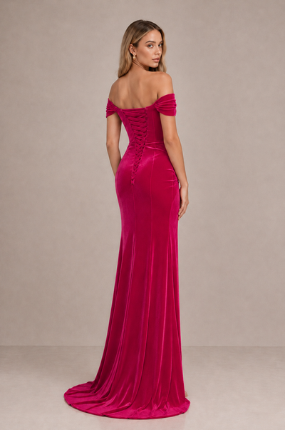 BOLODOO Hot Pink Velvet Off-Shoulder Ruched High Slit Evening Dress - Hot Pink - Hot_Pink_2