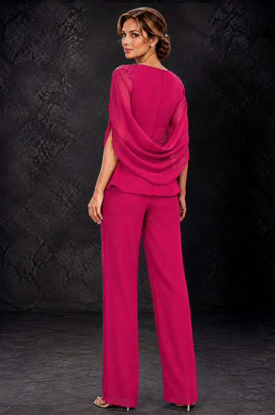 BOLODOO Hot Pink Embellished Cape Sleeve Mother of the Bride Pantsuit - Hot Pink - Hot_Pink_2