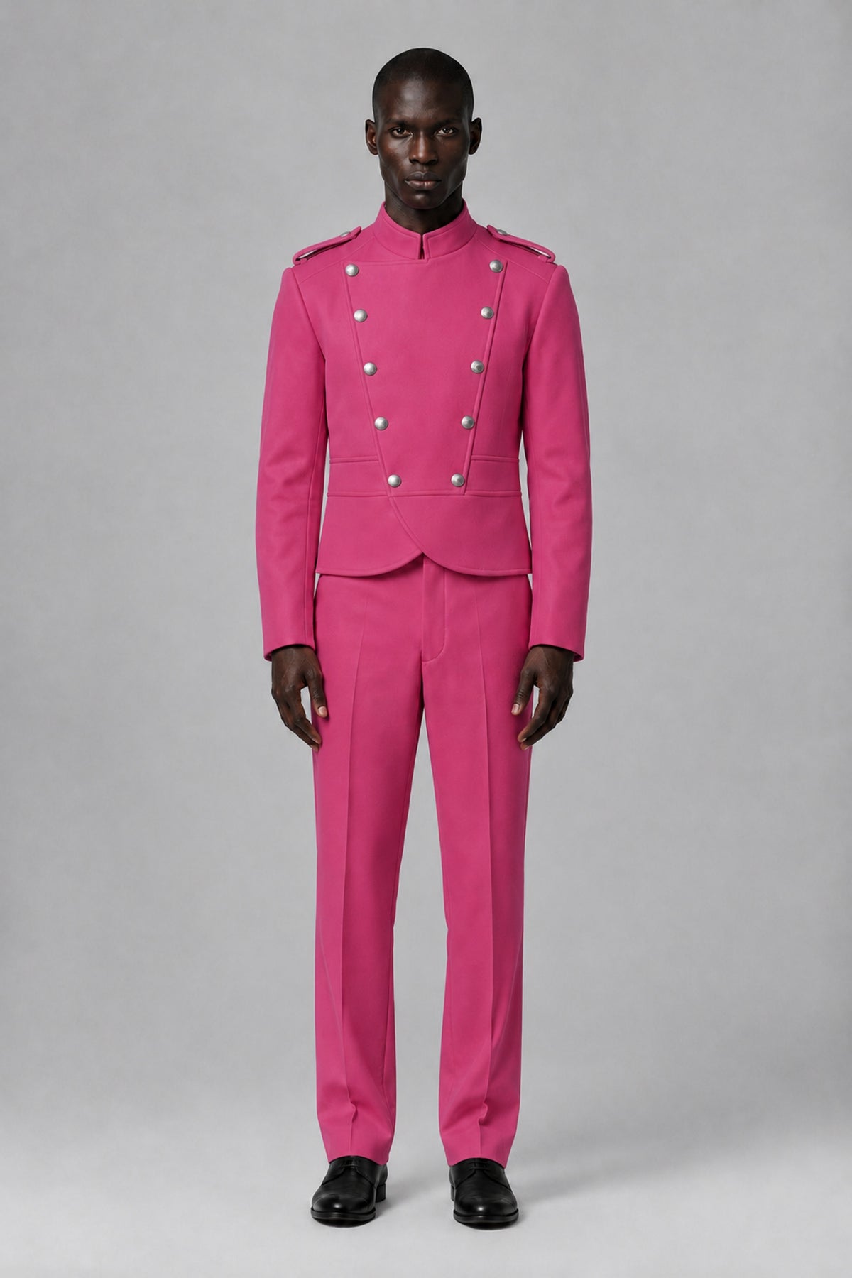 Bolodoo Men's Hot Pink Military-Inspired Two-Piece Suit with Stand Collar - Hot Pink - Hot Pink_2