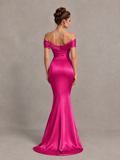 BOLODOO Hot Pink Off-Shoulder Satin Mermaid Prom Dress - Hot Pink - Hot Pink_2