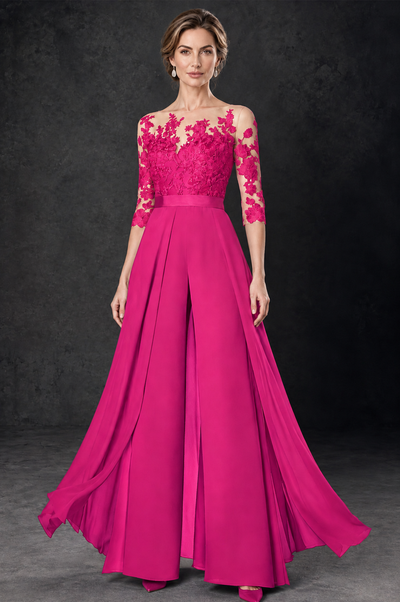 BOLODOO Hot Pink Lace Wide-Leg Jumpsuit with Three-Quarter Sleeves - Hot Pink - Hot_Pink_2