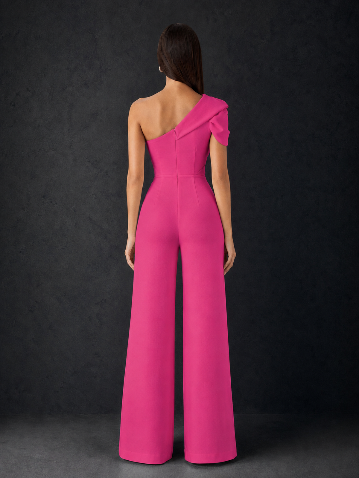 BOLODOO Hot Pink One-Shoulder Puff Sleeve Wide-Leg Jumpsuit with Front Slit and Open Back - Hot Pink