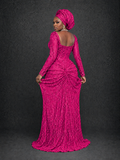 BOLODOO Hot Pink Beaded Lace Long Sleeve Mermaid Gown Sweetheart | Mother of the Bride - Hot Pink - Hot Pink_2
