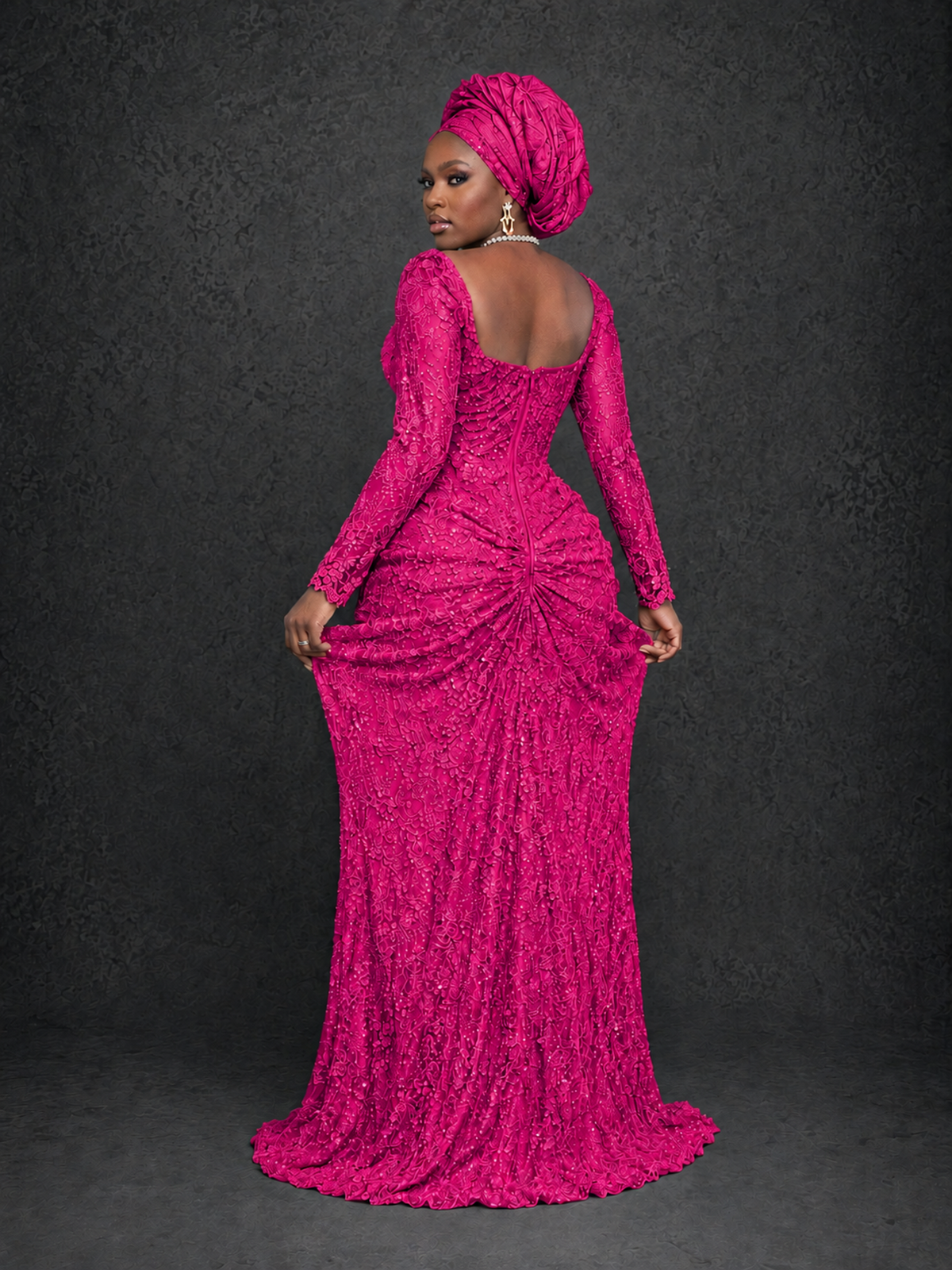 BOLODOO Hot Pink Beaded Lace Long Sleeve Mermaid Gown Sweetheart | Mother of the Bride - Hot Pink - Hot Pink_2