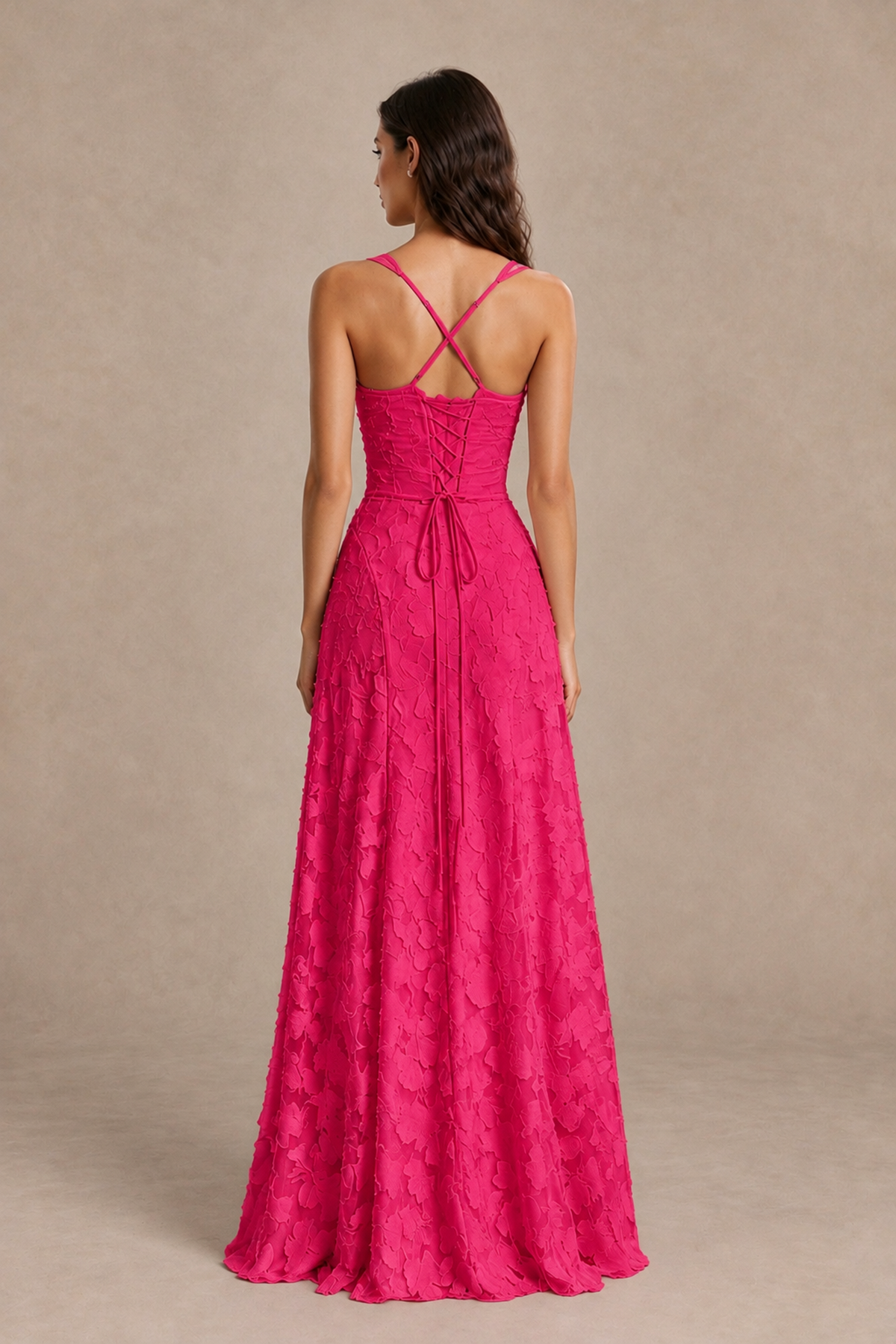 BOLODOO Hot Pink Floral-Textured A-Line Dress with Lace-Up Back - Hot Pink - Hot Pink_2