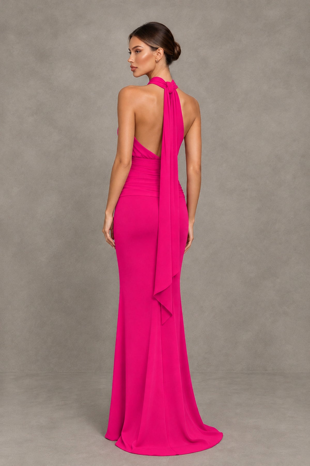 BOLODOO Hot Pink Chiffon Halter Maxi Formal Wedding Guest Dress - Hot Pink - Hot Pink_2