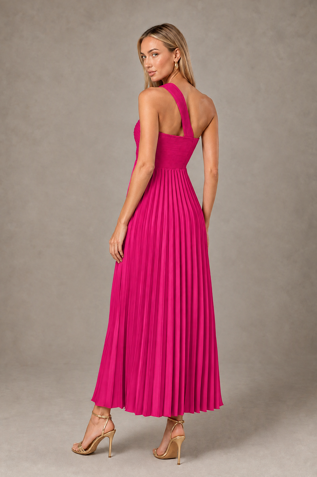 BOLODOO Hot Pink One-Shoulder Twist Knot Pleated Satin Midi Dress with Cutout - Hot Pink - Hot_Pink_2
