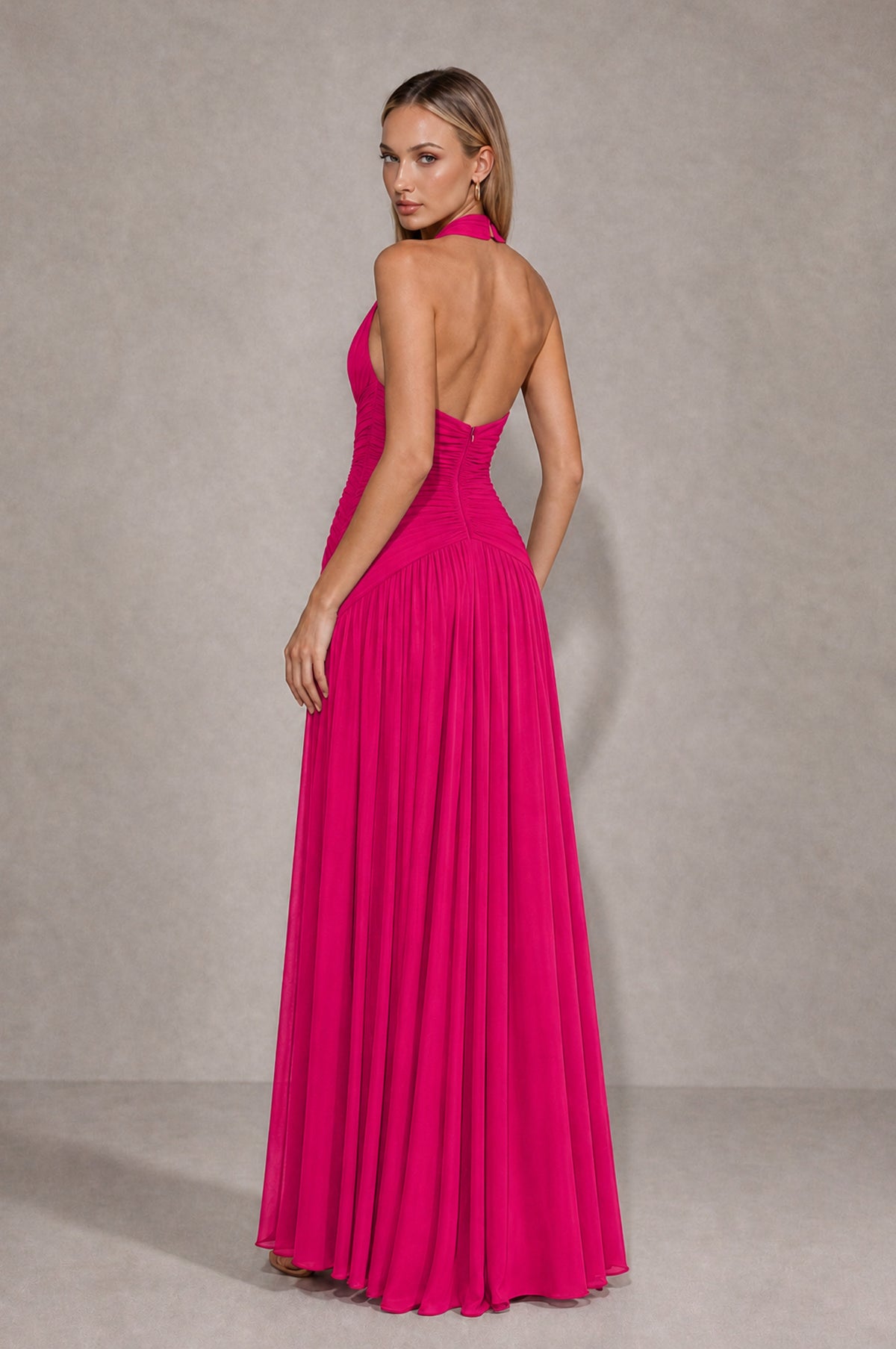BOLODOO Hot Pink Chiffon Halter Deep V-Neck Ruched A-Line Backless Maxi Dress with Train-BD0167 - Hot Pink - Hot Pink_2