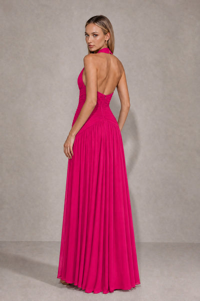 BOLODOO Hot Pink Chiffon Halter Deep V-Neck Ruched A-Line Backless Maxi Dress with Train-BD0167 - Hot Pink - Hot Pink_2
