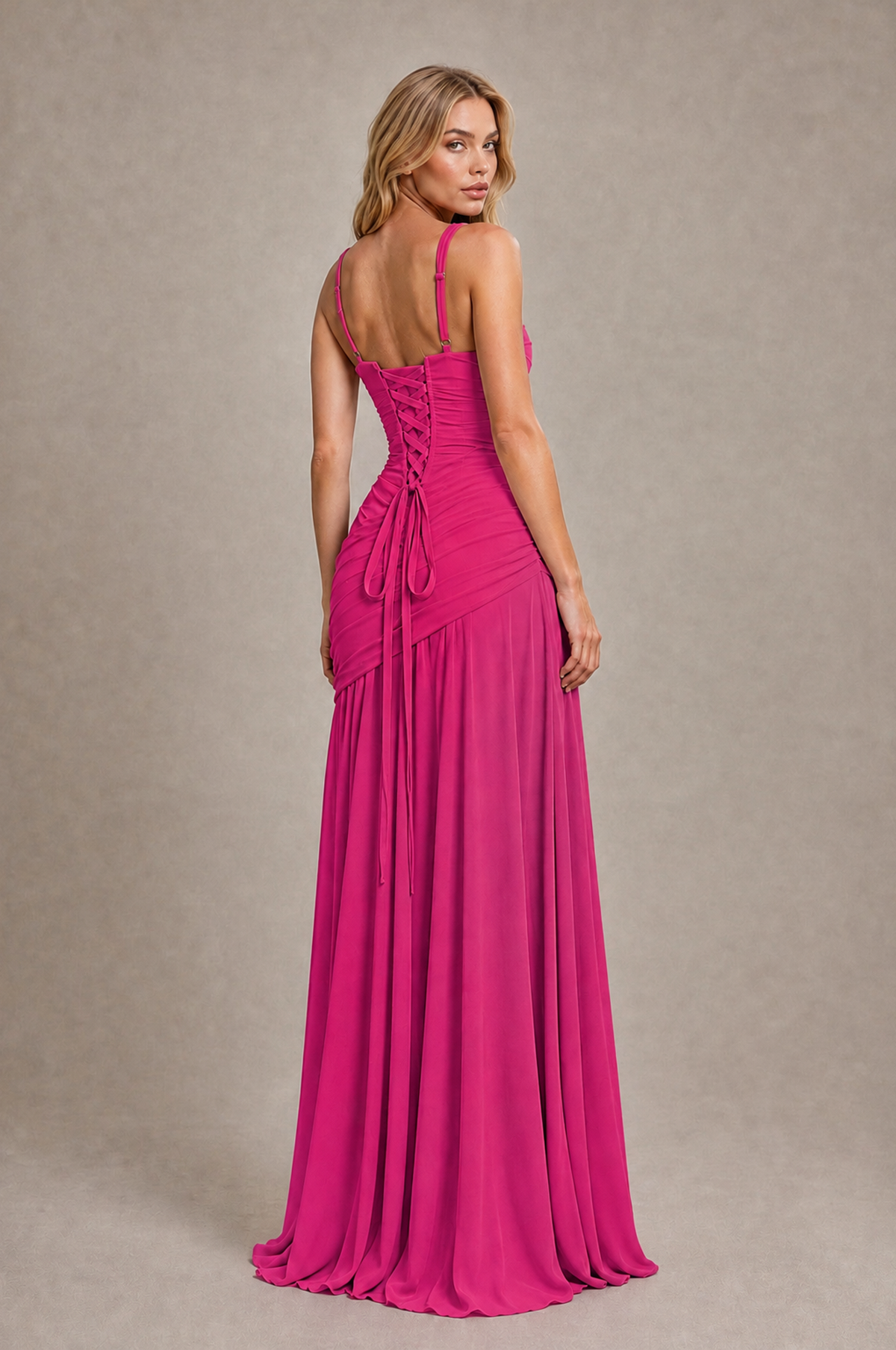BOLODOO Hot Pink Spaghetti Strap Ruched Maxi Dress – Formal Evening Gown with Slit - Hot Pink - Hot_Pink_2