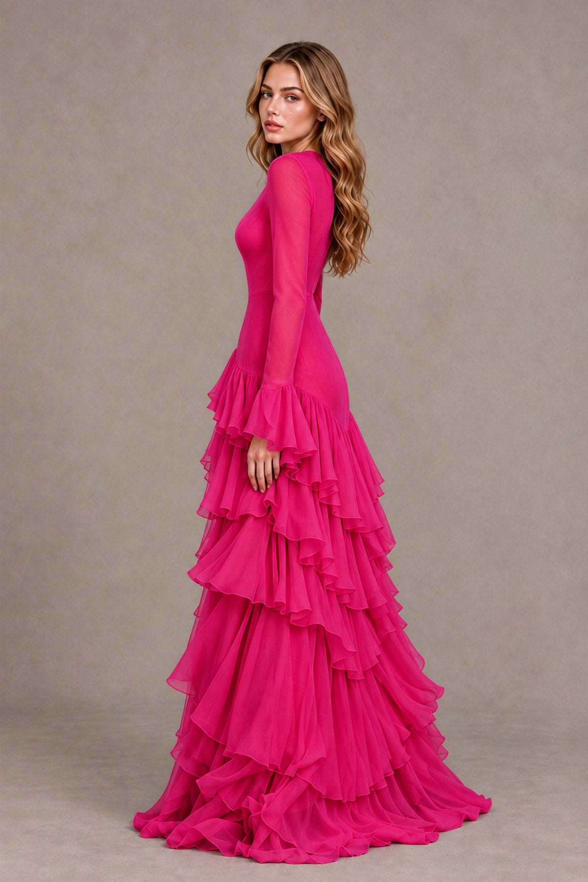 Hot Pink Long Sleeve Tiered Ruffle Evening Gown - Hot Pink - Hot Pink_2