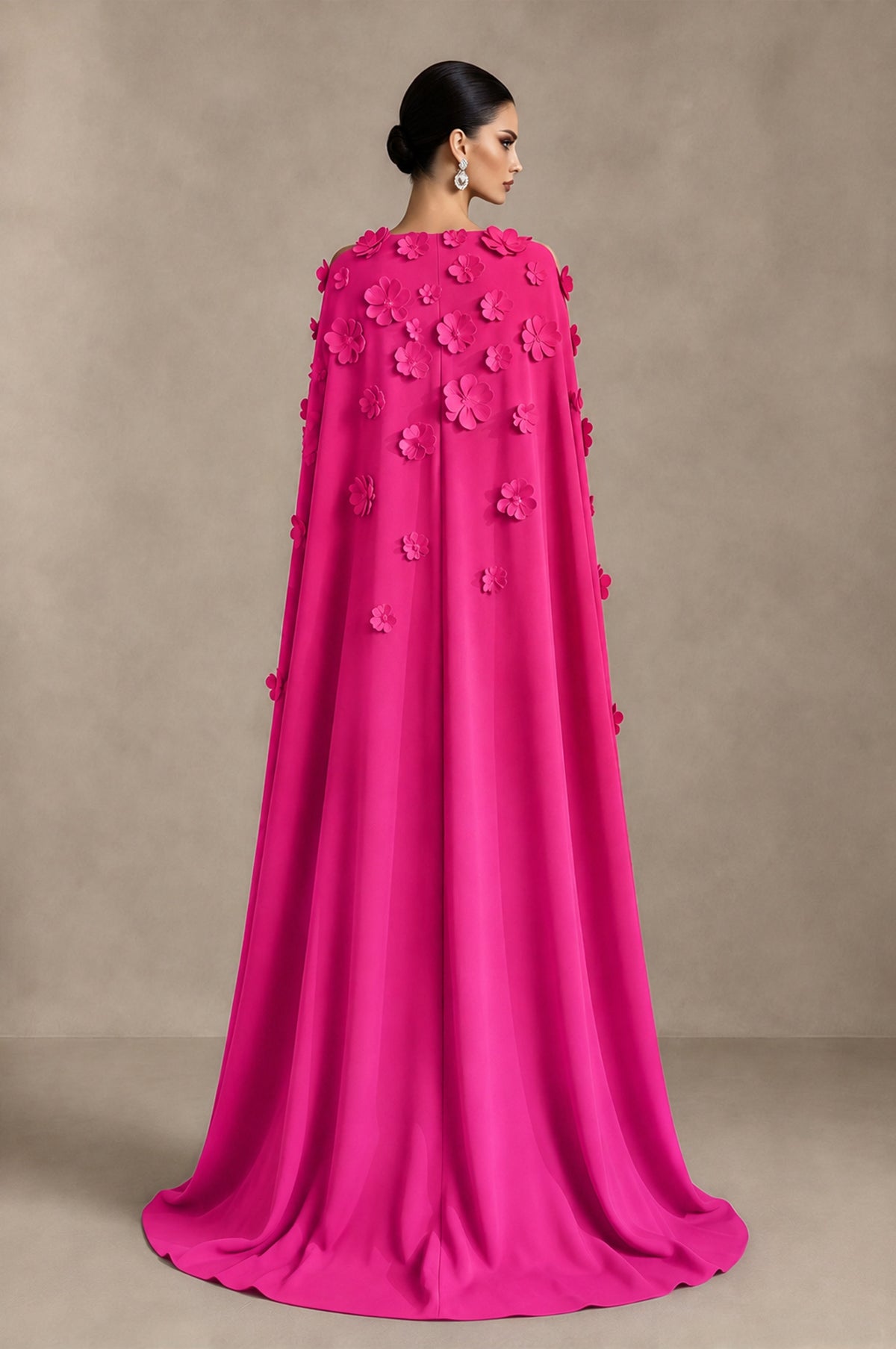 BOLODOO Hot Pink 3D Floral Applique Cape Formal Dress - Hot Pink - Hot Pink_2