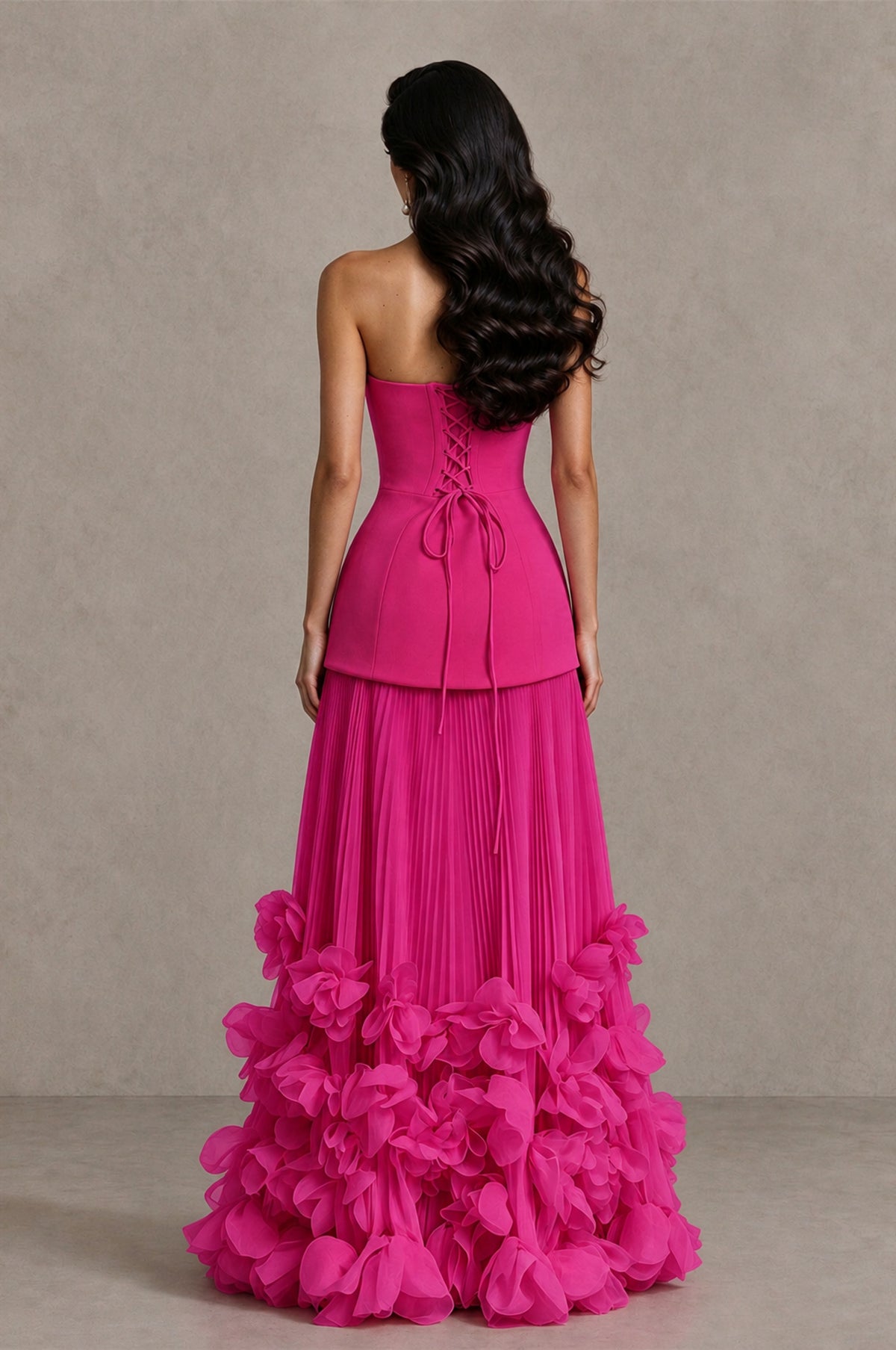 BOLODOO Hot Pink Strapless Pleated Floral Hem Evening Gown - Hot Pink - Hot Pink_2