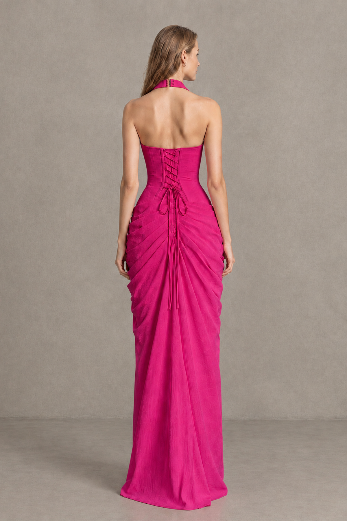 BOLODOO Hot Pink Halter Neck Ruched Maxi Dress with High Slit - Hot Pink - Hot_Pink_2