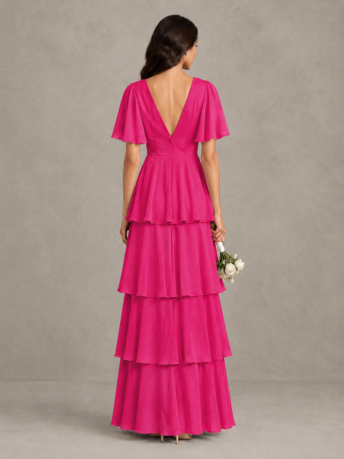 BOLODOO Hot Pink Tiered Flutter Sleeve Bridesmaid Dress - Hot Pink - Hot Pink_2