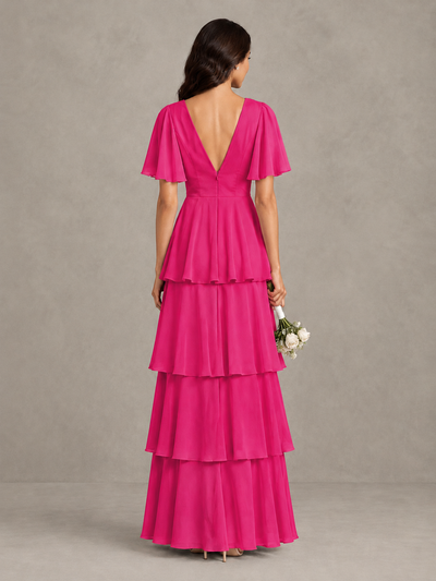 BOLODOO Hot Pink Tiered Flutter Sleeve Bridesmaid Dress - Hot Pink - Hot Pink_2