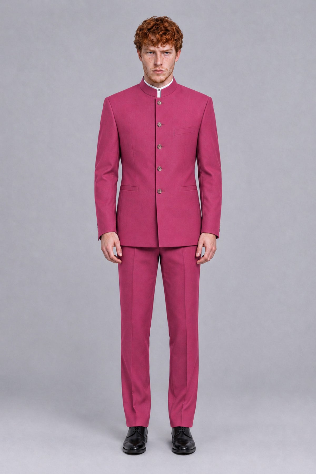 BOLODOO Men's Hot Pink Mandarin Collar Two-Piece Suit - Hot Pink - Hot Pink_2