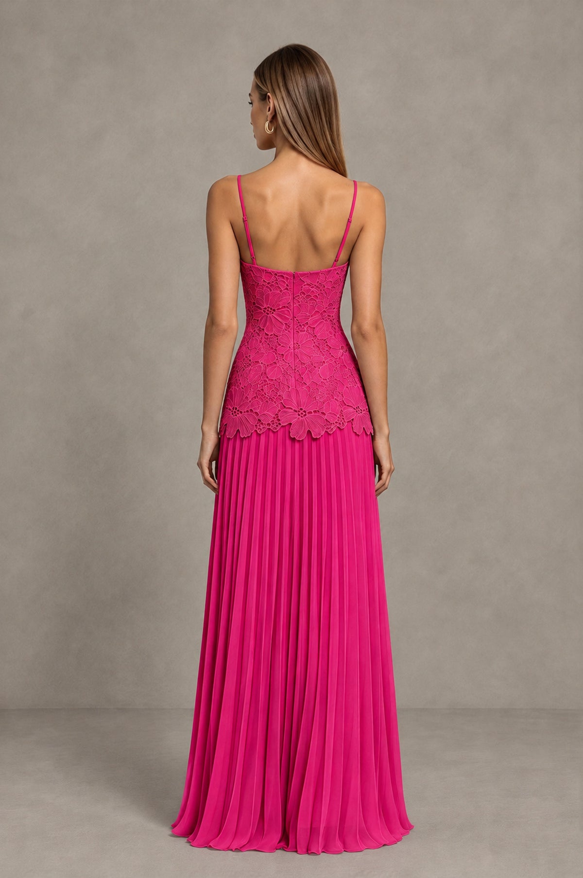 BOLODOO Hot Pink Lace Bodice Pleated Wedding Guest Dress - Hot Pink - Hot Pink_2