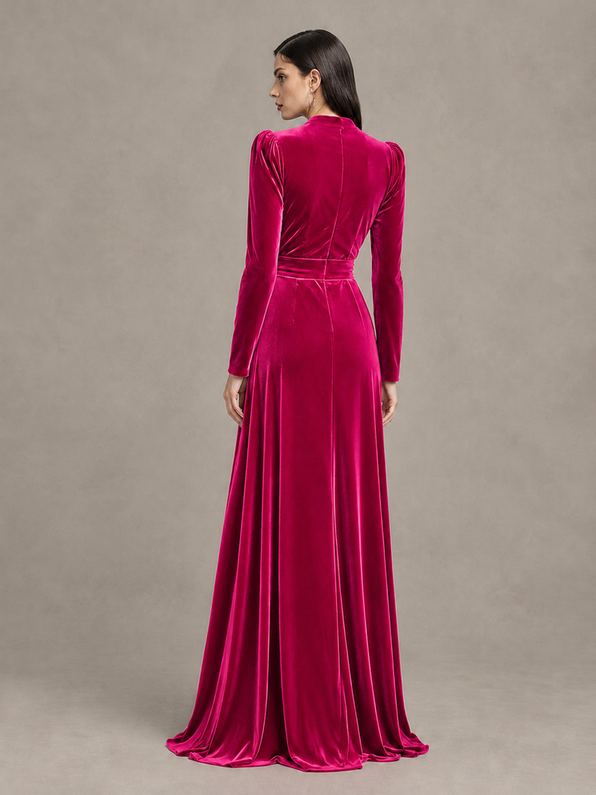 BOLODOO Hot Pink Long Sleeve Velvet-Look Evening Dress with High Slit - Hot Pink - Hot Pink_2