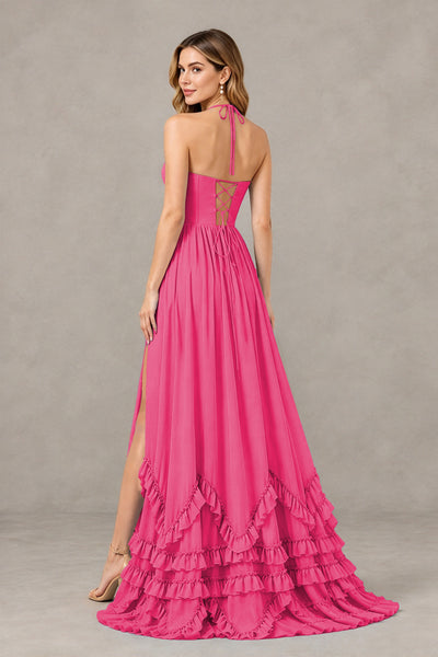 BOLODOO Hot Pink Halter Ruffle Hem A-Line Bridesmaid Dress with High Slit - Hot Pink - Hot Pink(2)