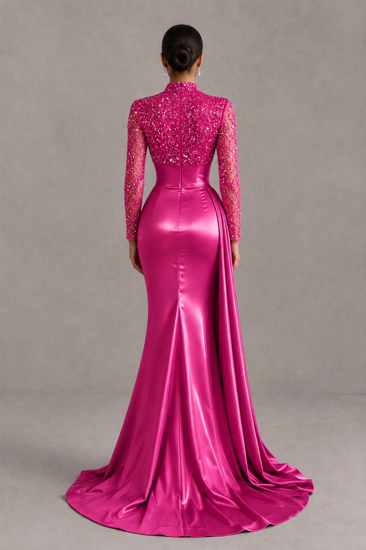 BOLODOO Hot Pink Long Sleeve Embellished Satin Mermaid Evening Gown - Hot Pink - Hot Pink_2