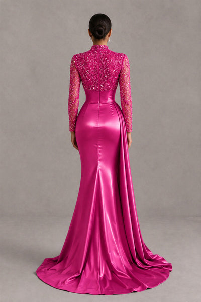 BOLODOO Hot Pink Long Sleeve Embellished Satin Mermaid Evening Gown - Hot Pink - Hot Pink_2