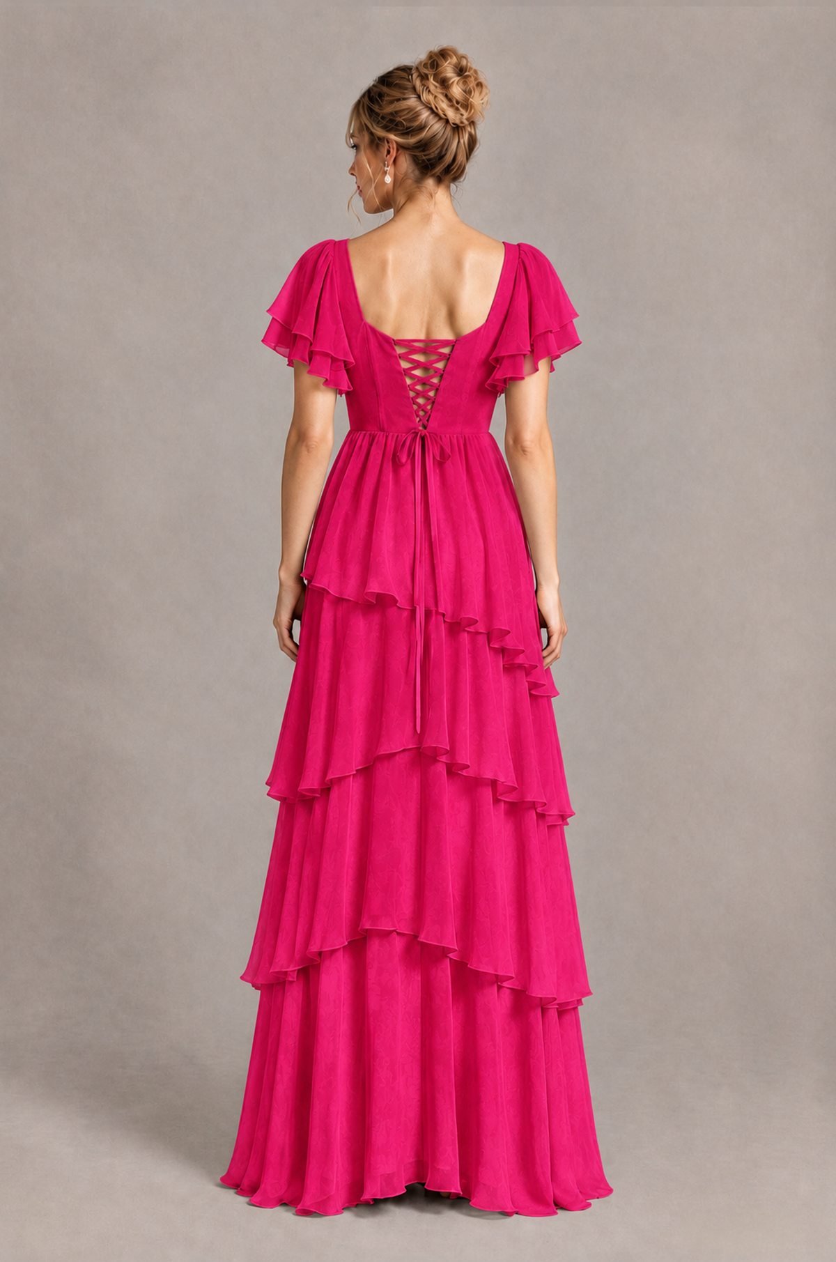 BOLODOO Hot Pink Square Neck Flutter Sleeve Tiered Chiffon Bridesmaid Dress with Lace-Up Back - Hot Pink - Hot Pink_2