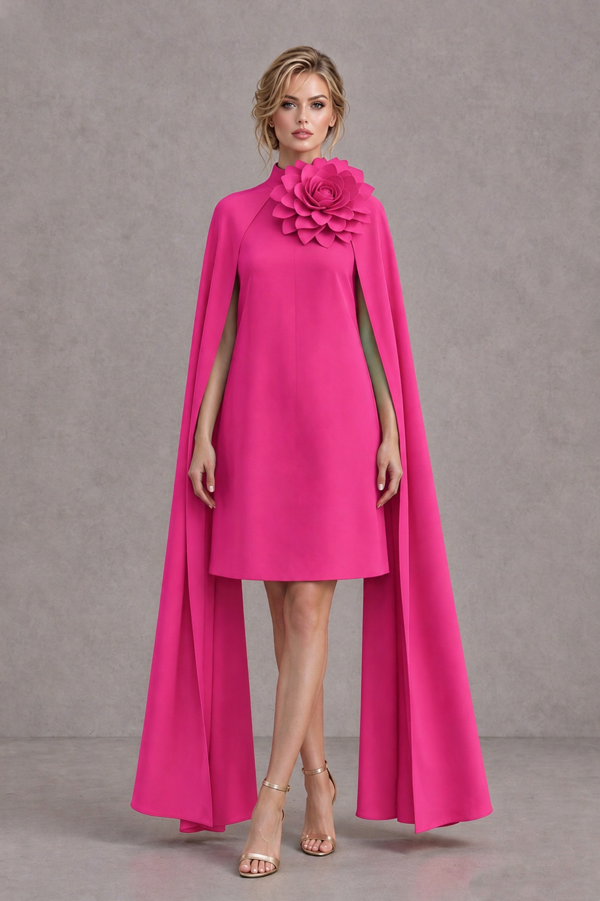BOLODOO Hot Pink High Neck Floral Cape Mini Cocktail Dress - Hot Pink - Hot Pink_2