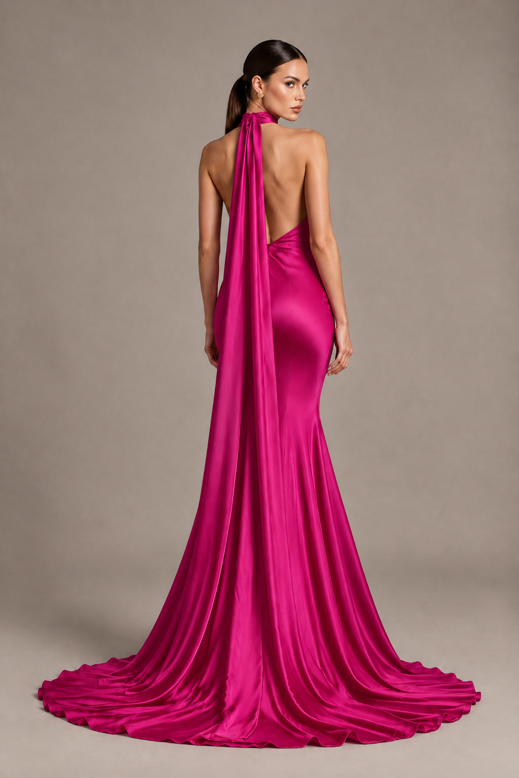 BOLODOO Hot Pink One-Shoulder Satin Mermaid Evening Dress with Scarf - Hot Pink - Hot Pink_2