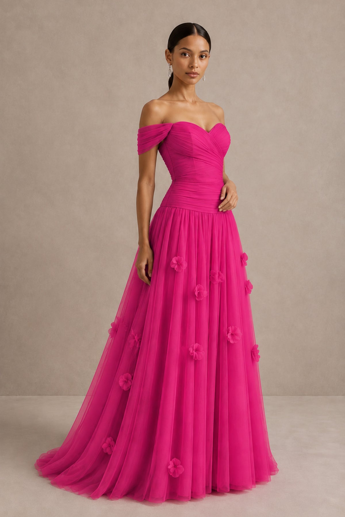 Hot Pink Off-Shoulder Sweetheart A-Line Tulle Gown with 3D Floral Appliques | BOLODOO - Hot Pink