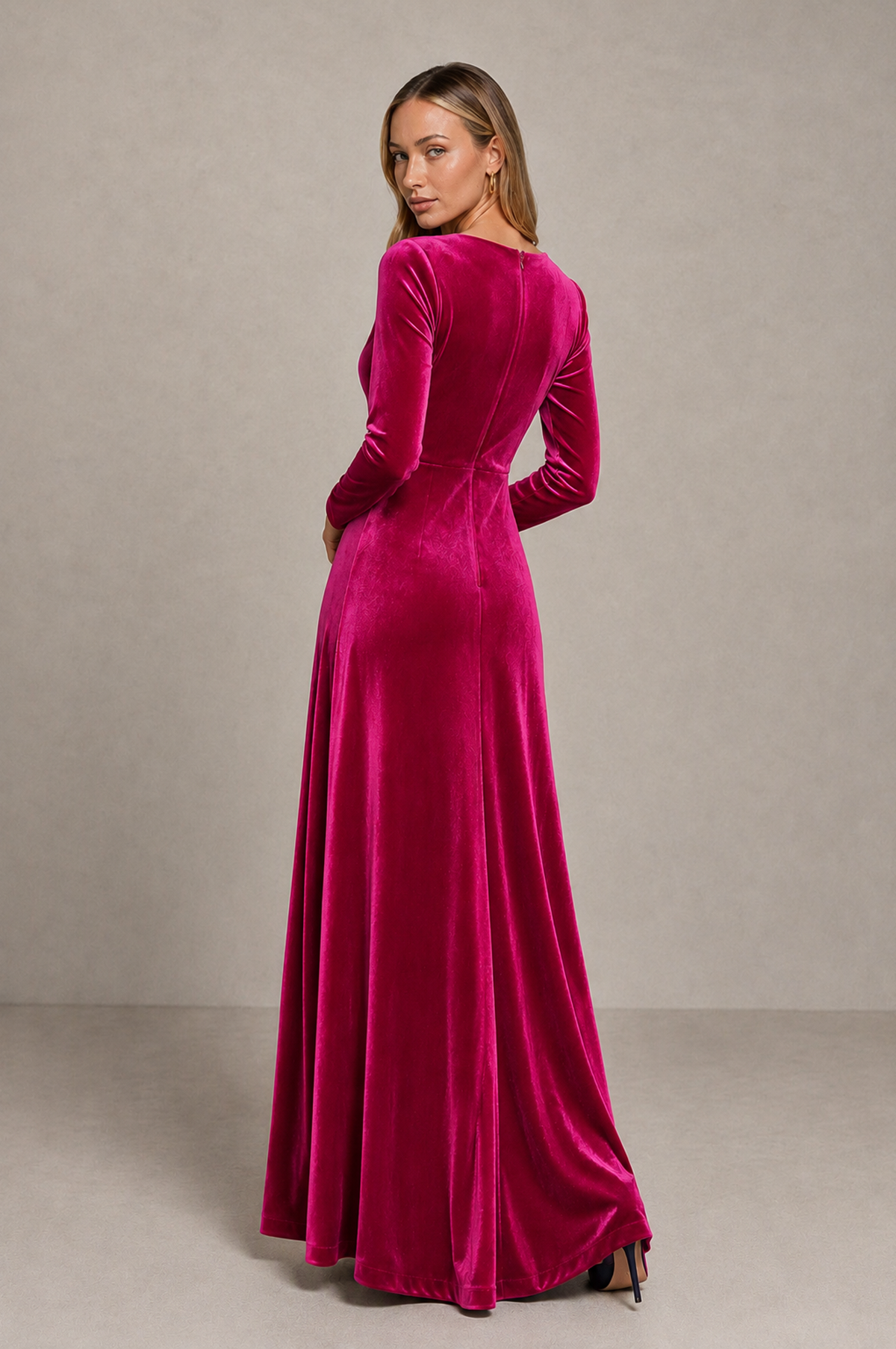 BOLODOO Hot Pink Velvet Long Sleeve V-Neck Ruched Evening Dress - Hot Pink - Hot_Pink_2