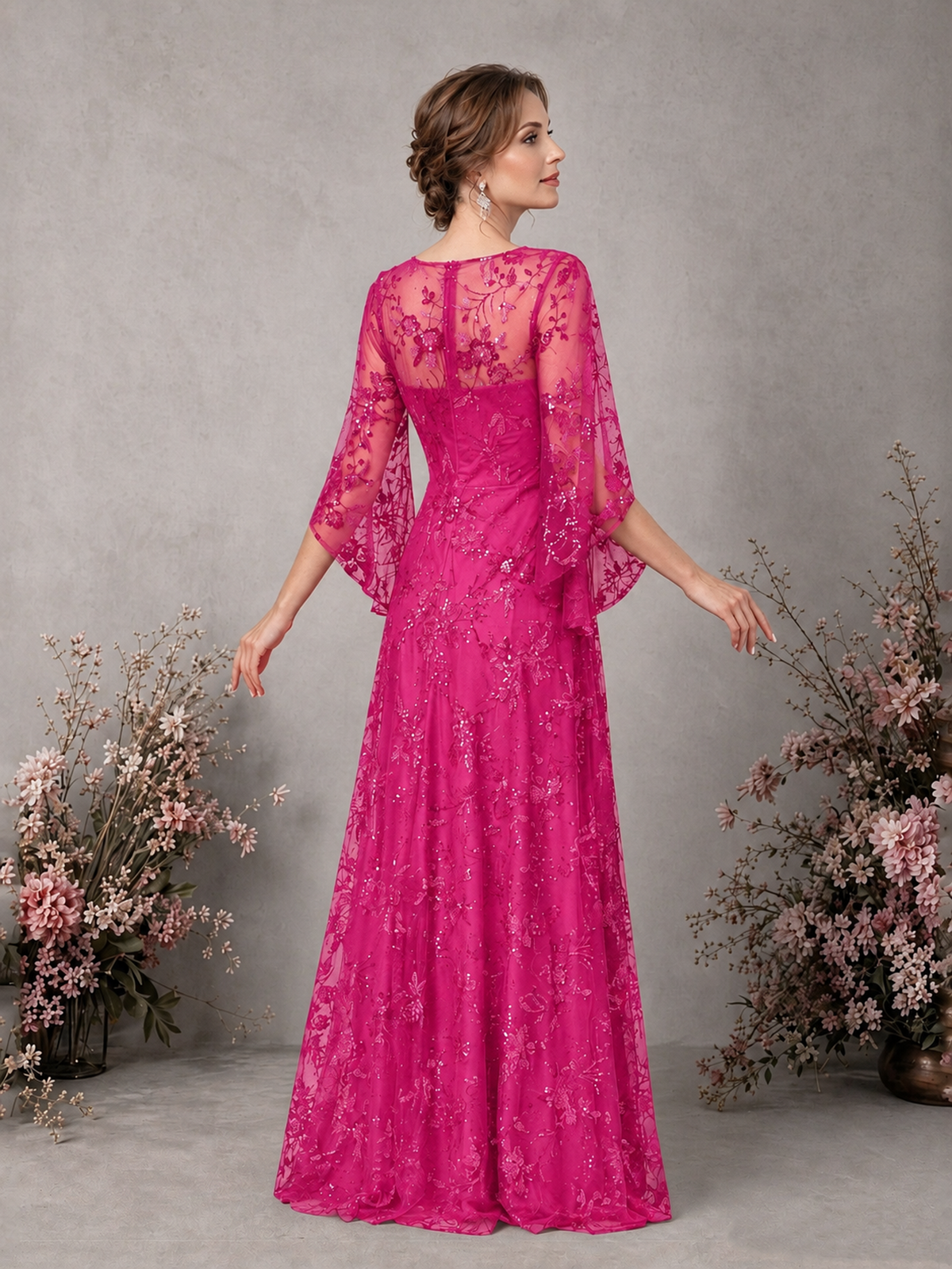 BOLODOO Hot Pink Sequin Lace Cape Sleeve Formal Evening Gown - Hot Pink - Hot Pink_2