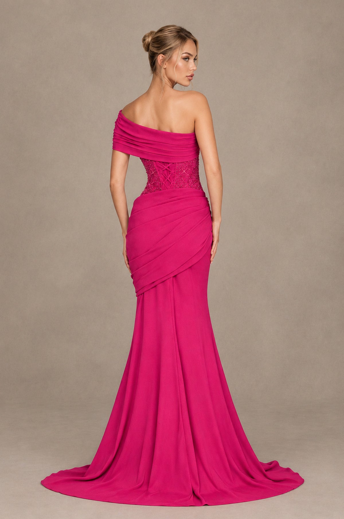 BOLODOO Hot Pink One-Shoulder Sequin Embroidered Ruched Mermaid Gown with Train - Hot Pink - Hot Pink_2